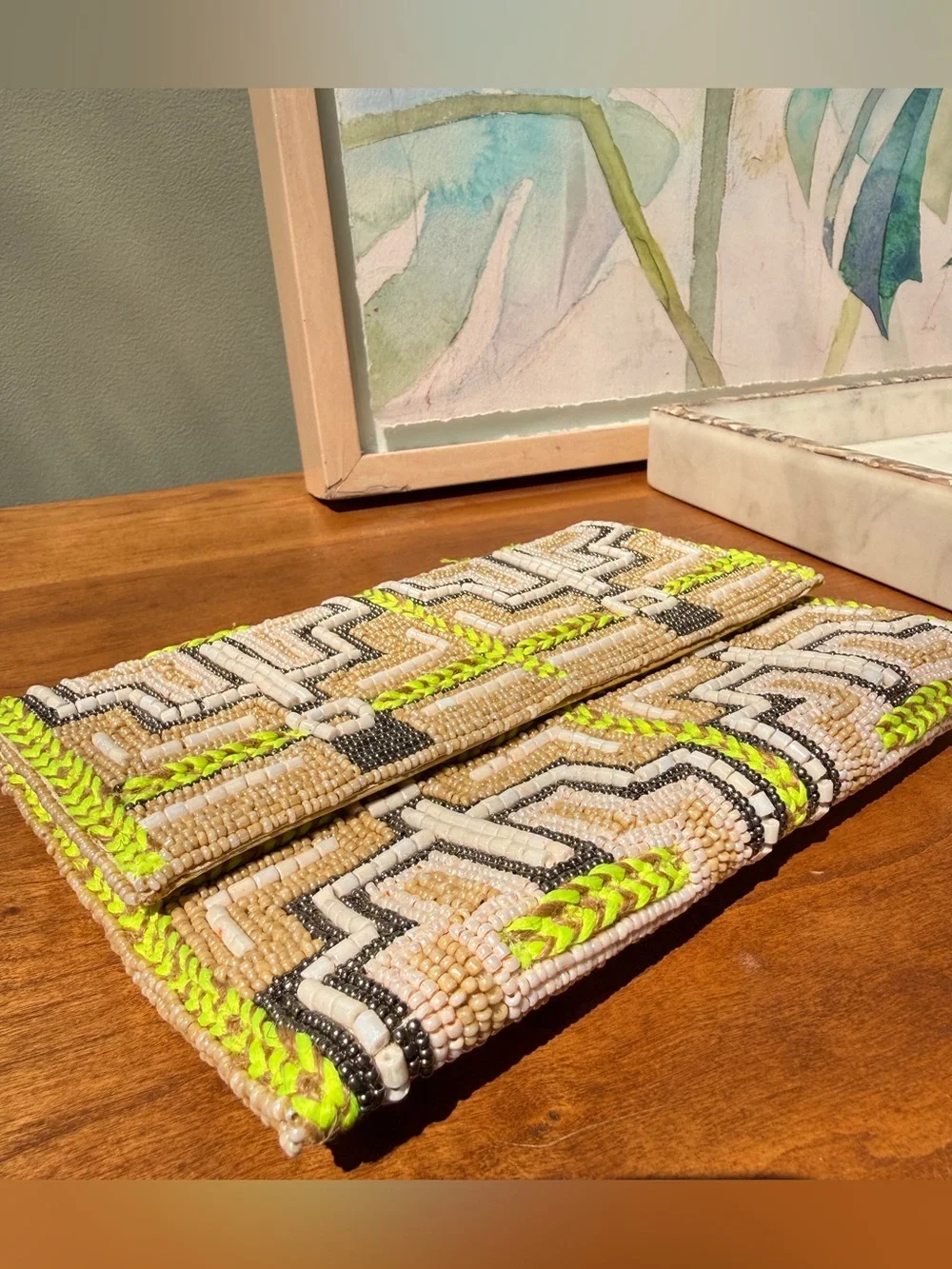 Beaded Geometric Clutch Crossbody – Cream Gunmetal Lime